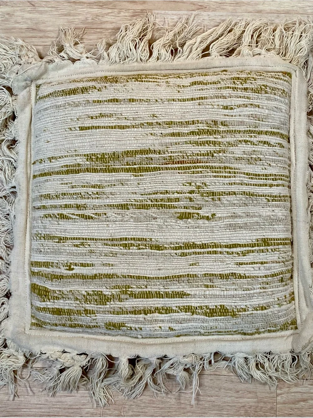 Vintage Irovy Textured Throw Pillow Horizontal Stripe Fringe Edge Approx 14x14in
